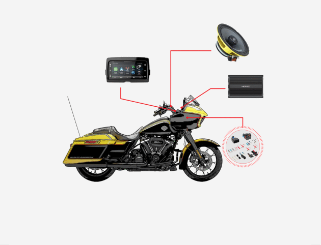 Zestaw Audio do motocykla Harley Davidson Road Glide 2014-2023 - 2 głośniki Ground Zero, wzmacniacz Hertz 600W, radio WHD14+.UNLOC