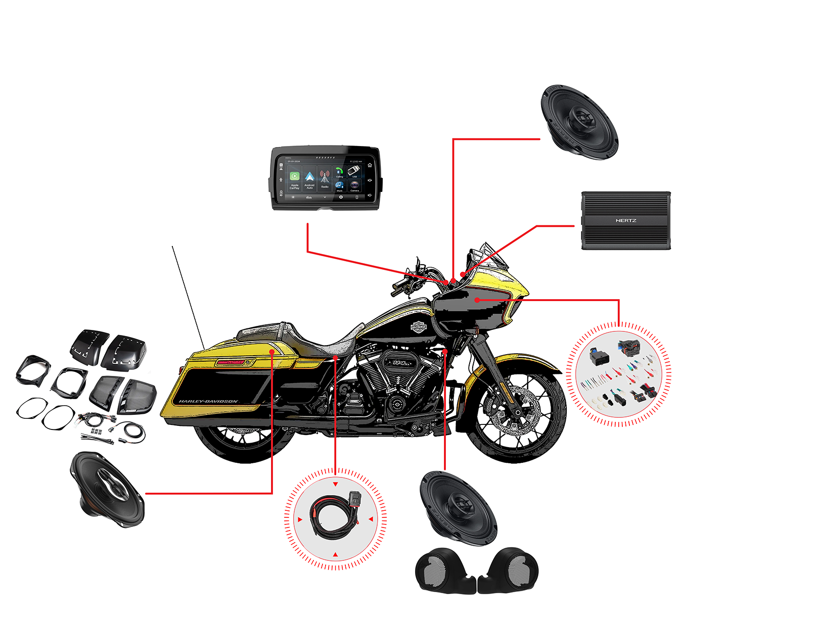 Zestaw audio do motocykla Harley Davidson Road Glide 2014-2023 - 6 głośników Hertz, wzmacniacz Hertz 1000W, radio WHD14+.UNLOC