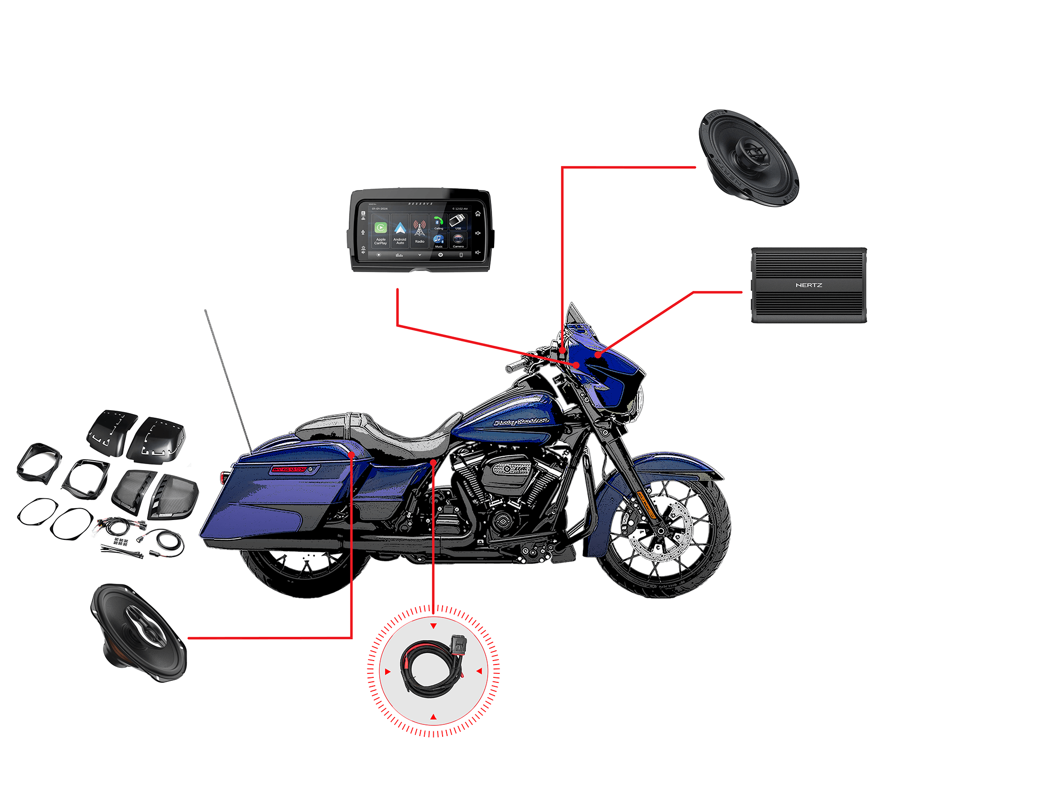 Zestaw audio do motocykla Harley Davidson Street Glide 2014-2023 - 4 głośniki Hertz, wzmacniacz Hertz 1000W, radio WHD14+.UNLOC